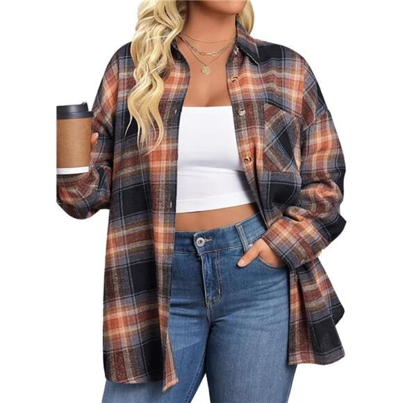 Jackets & Blazers - Womens Plus Size Flannel Plaid Shirts Long Sleeve Casual Collared